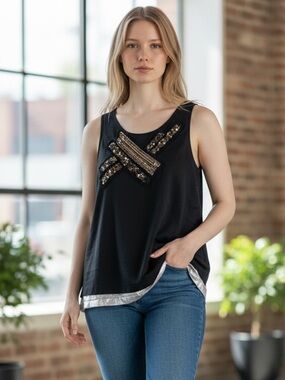 NAF NAF BLUE METALLIC THREAD GOLD SILVER EMBELLISHED SLEEVELESS TOP